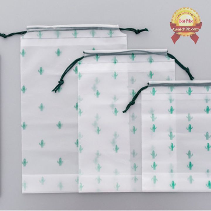 Túi zip trong suốt dây rút đựng giày quần áo chống nước hình mèo, cherry, xương rồng