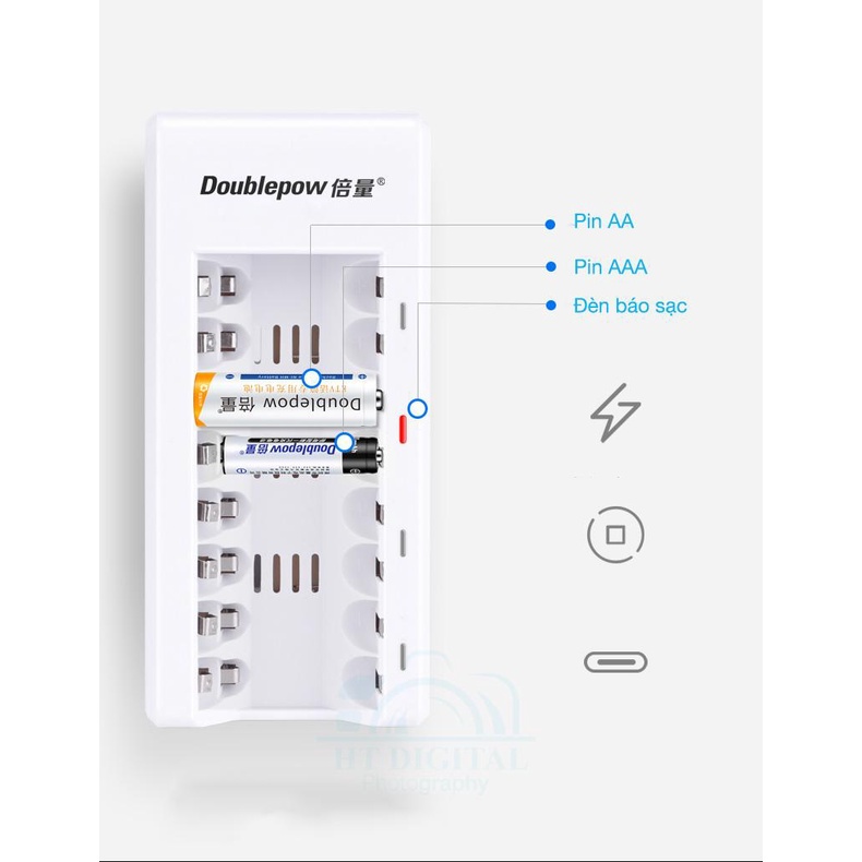 Bộ Sạc Pin AA/AAA 8 đèn Sạc 8 Pin Doublepow DP-K18 Tự Ngắt, Đèn Báo Thông Minh Dùng Cho Pin Micro, Đồ Chơi, Remote