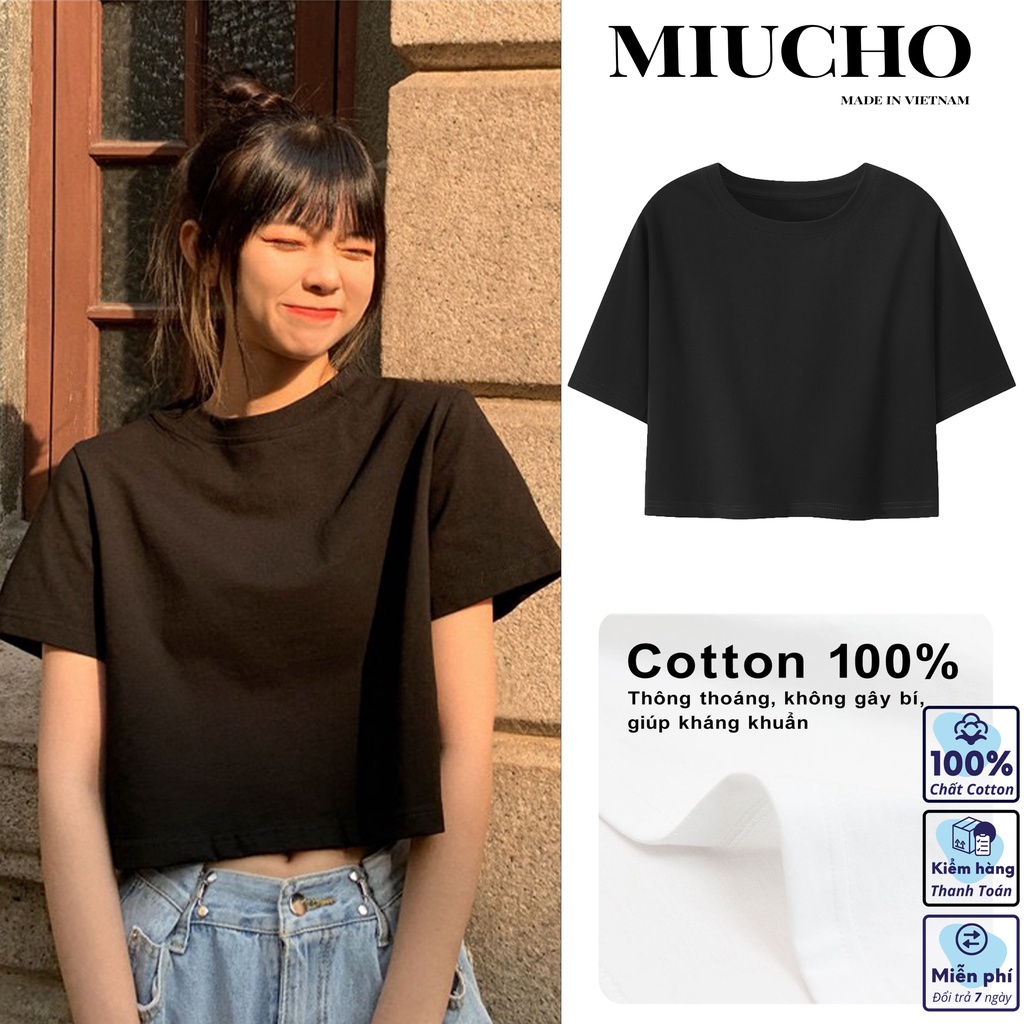 Áo croptop nữ trơn tay ngắn cổ tròn vải thun cotton kiểu hàn quốc CRT01 Miucho in hoạ tiết