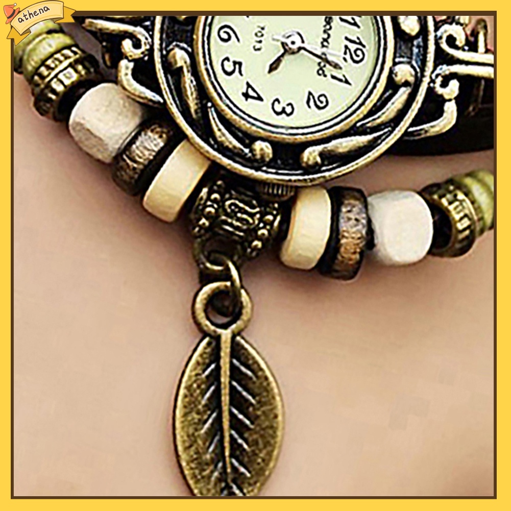 Đồng hồ thạch anh dây bện mặt hình lá phong cách retro