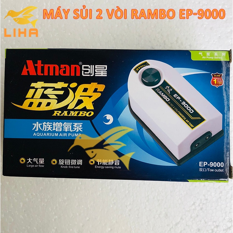 Máy Sủi Oxy 2 Vòi Atman Rambo EP9000 (5.6W-2x4.5Lít/Phút) - Sủi Oxi Siêu Êm