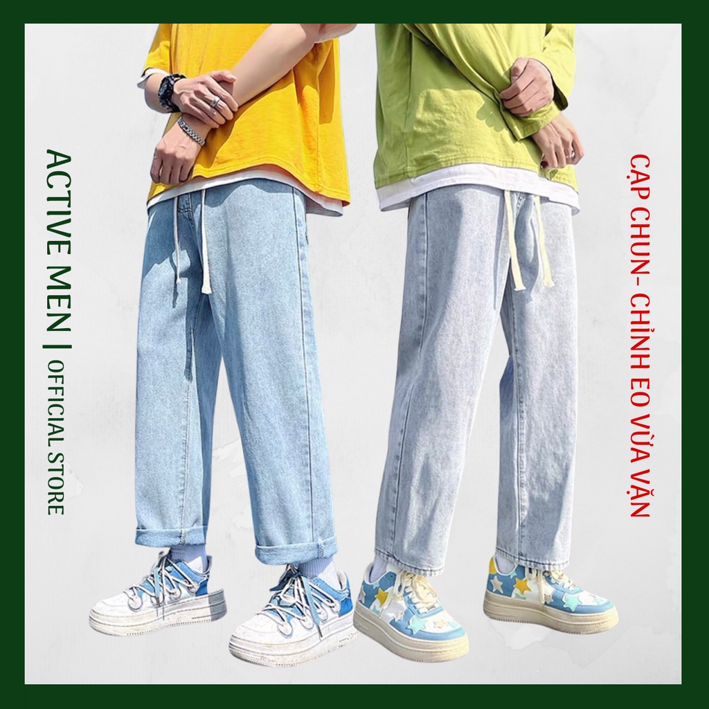 Quần Jeans Baggy Nam Cạp Chun Dây Nam, Nữ Chỉnh Eo Vừa Vặn- Form Rộng Màu Xanh