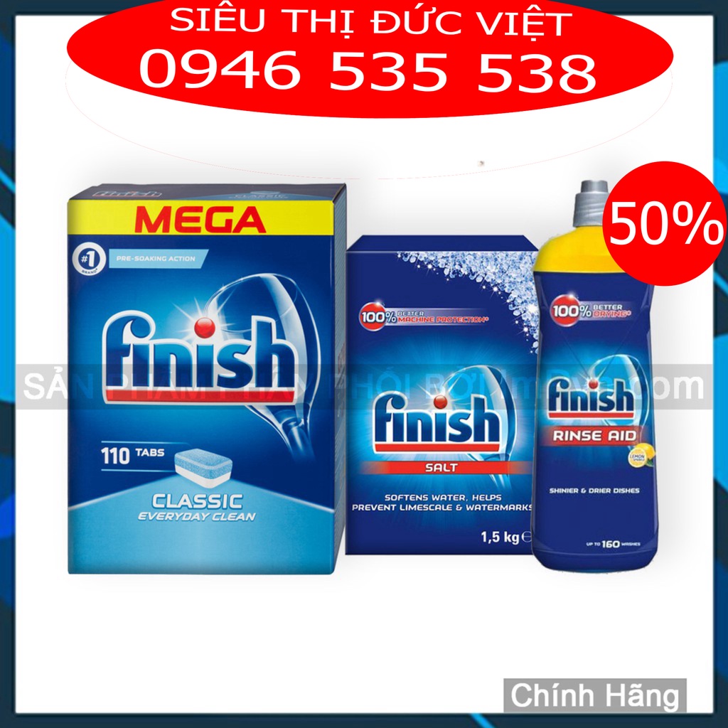 Combo rửa bát Finish Hộp Classic 100 viên, Muối 1.5kg, Nước làm bóng 800ml