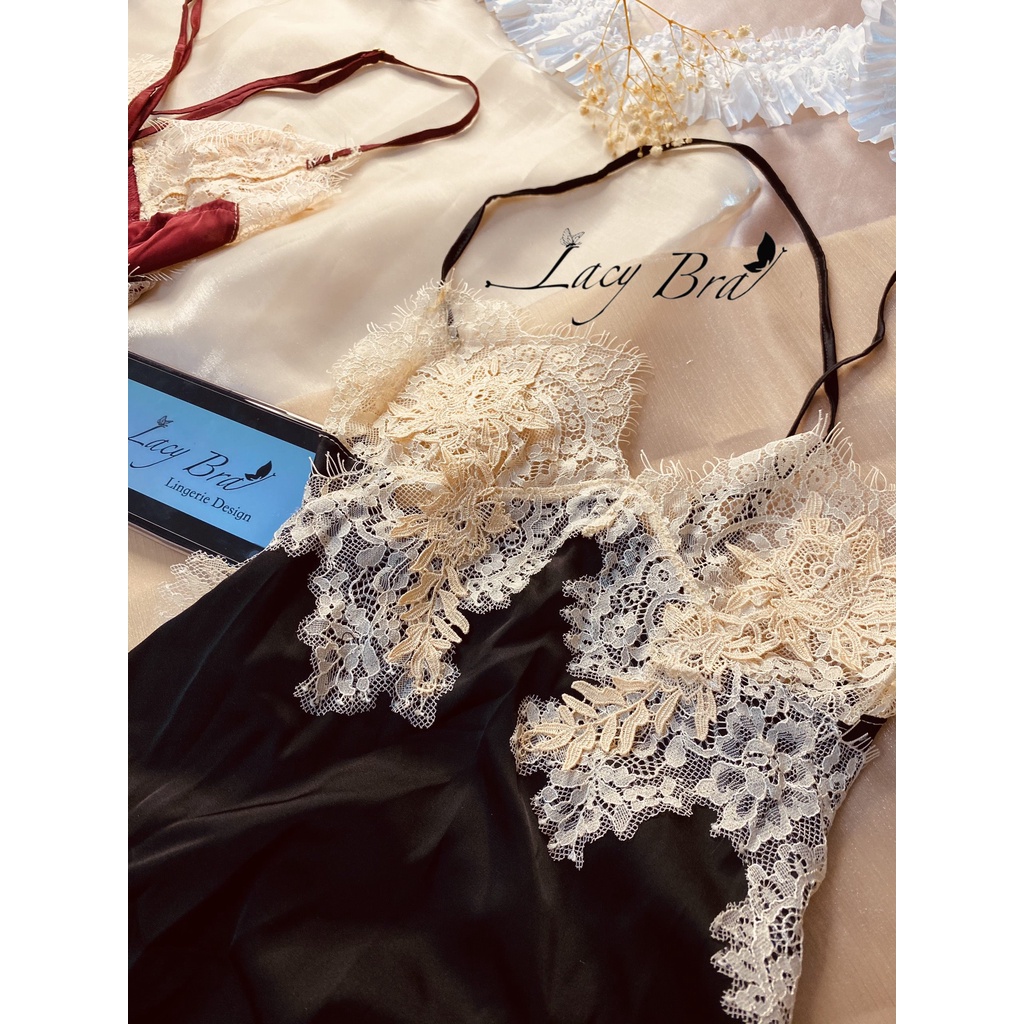 Váy Ngủ Lụa Satin Mềm Phối Ren Sexy Dây Đan Chéo Lưng Gợi Cảm Lacy Bra - V1