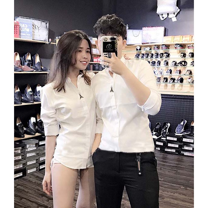 ÁO SƠ MI ĐÔI NAM NỮ ĐEN VIỀN CỔ CHẤT KATE LỤA SIÊU HOT