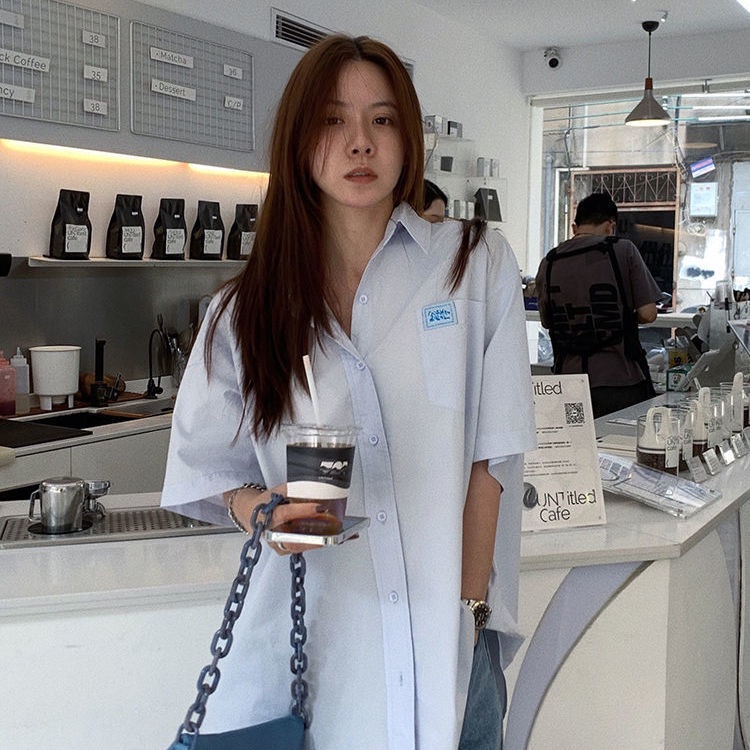 Áo sơ mi trắng tay ngắn dáng rộng phong cách Hàn Quốc dễ thương cho nữ