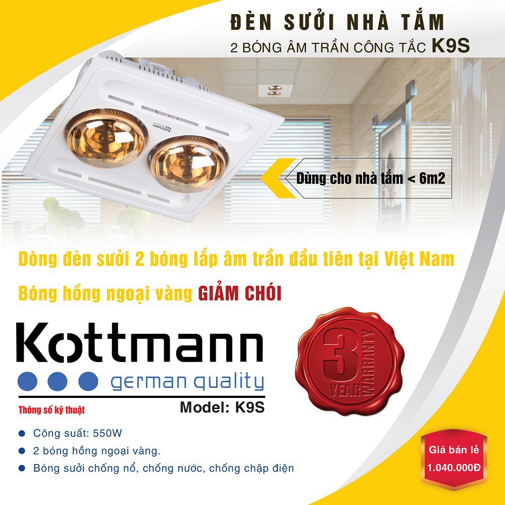 Đèn sưởi âm trần 2 bóng cao cấp Kottmann K9S / K9R, bảo hành chính hãng 3 năm