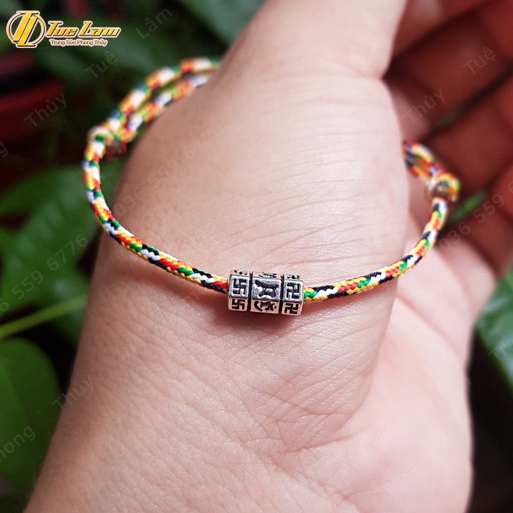 Vòng tay chỉ ngũ sắc tây tạng may mắn mix charm ống trụ khắc chú bình an - Tuệ Lâm