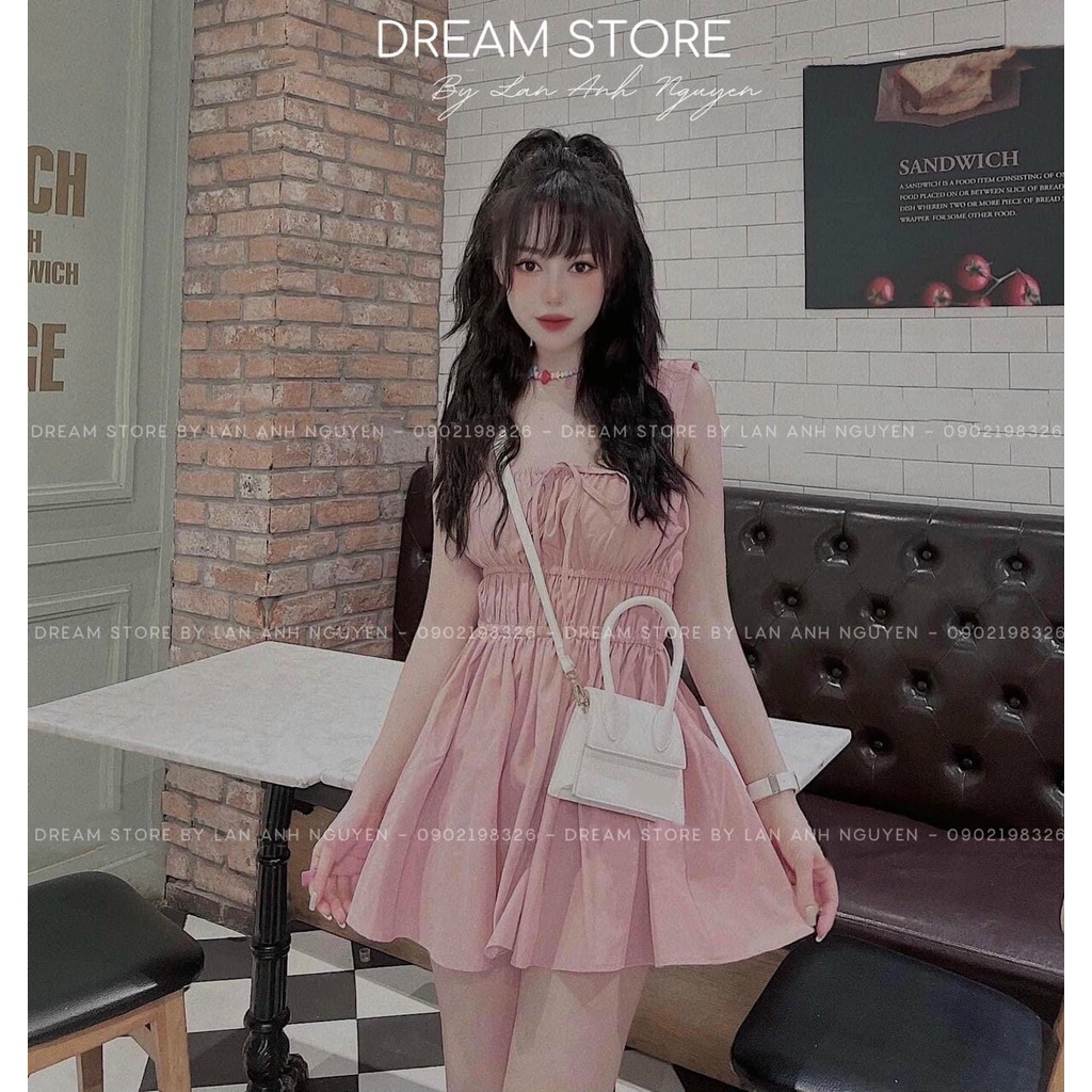[8.8 Sales Freeship] Đầm 2 dây nhún ngực cột nơ, đầm tiểu thư dáng ngắn sexy nhún ôm eo, đầm midi xòe bánh bèo
