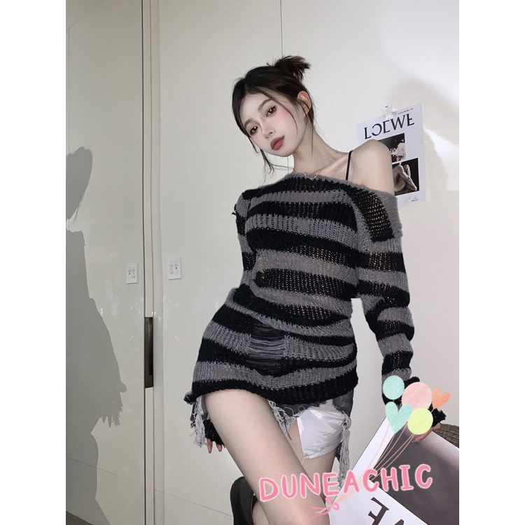 DUNEA Áo Nữ Tay Dài Họa Tiết Sọc Ngang Thời Trang Cá Tính