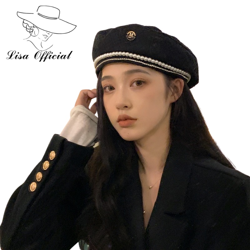 Mũ Nồi Hàn Quốc  Lisa Official  Nón Berer Màu Đen Phối Chuỗi Ngọc Trai Thời Trang Thu Đông Phong Cách Hàn Quốc - SV-7