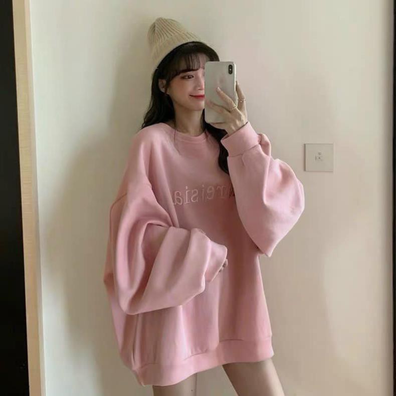 Nỉ hồng pastel ♥ Áo thun hoodie nữ dáng thụng tay phồng oversize chùm mông freeship HOT ♥  ྇