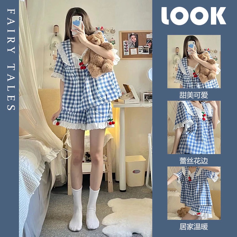 Bộ Đồ Ngủ Áo Tay Ngắn Cổ Vuông Phối Ren Quần short Thời Trang Mùa Hè Hàng Mới Dành Cho Bạn Nữ 2022