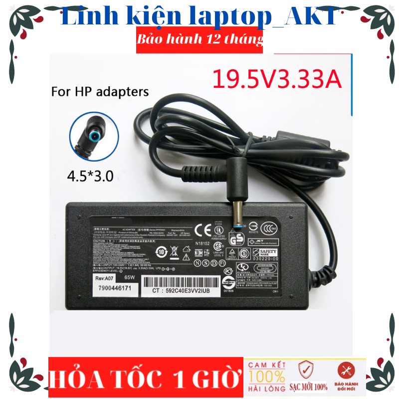 Sạc HP 19.5V-3.33A-65W-Zin chân kim nhỏ 240-G9 HP 348 G7 Chromebook 14 Pavilion 15-e00xxx Hp 340 Envy 15-j050us Notebook