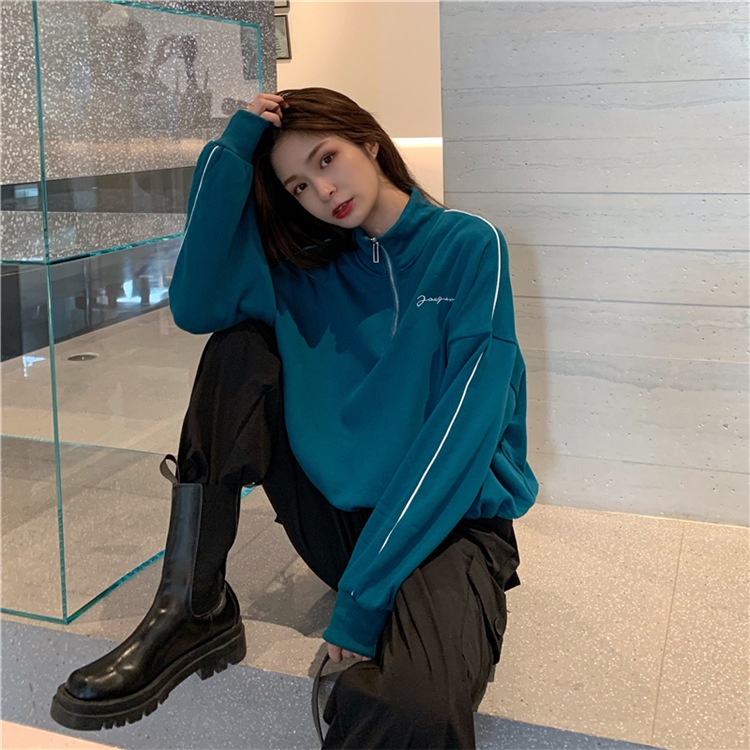 Áo sweatshirt nữ Perty cổ cao dáng rộng năng động phong cách Hàn Quốc