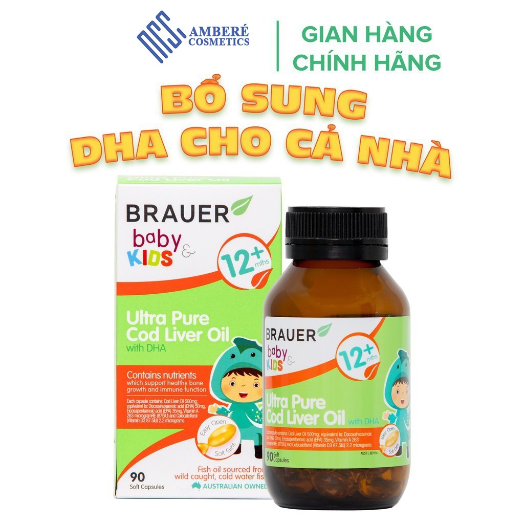 Viên uống bổ sung DHA Brauer Baby &amp; Kids Ultra Pure Cod Liver Oil cho trẻ từ 12 tháng hộp 90 viên