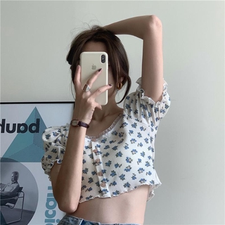 Retro Floral Pattern Short Sleeve Croptop Top