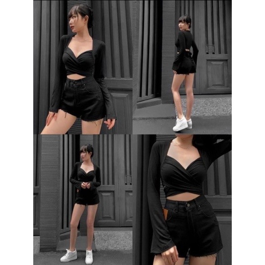 Áo croptop tay dài dây quấn eo hoặc cột nơ trước ngực chất thun Gân dày dặn có mút ngực