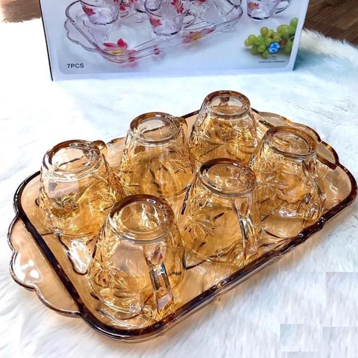 Bộ cốc thủy tinh uống nước kèm khay cao cấp, bộ ly thủy tinh có quai cầm siêu dày dặn sang trọng chịu nhiệt tốt