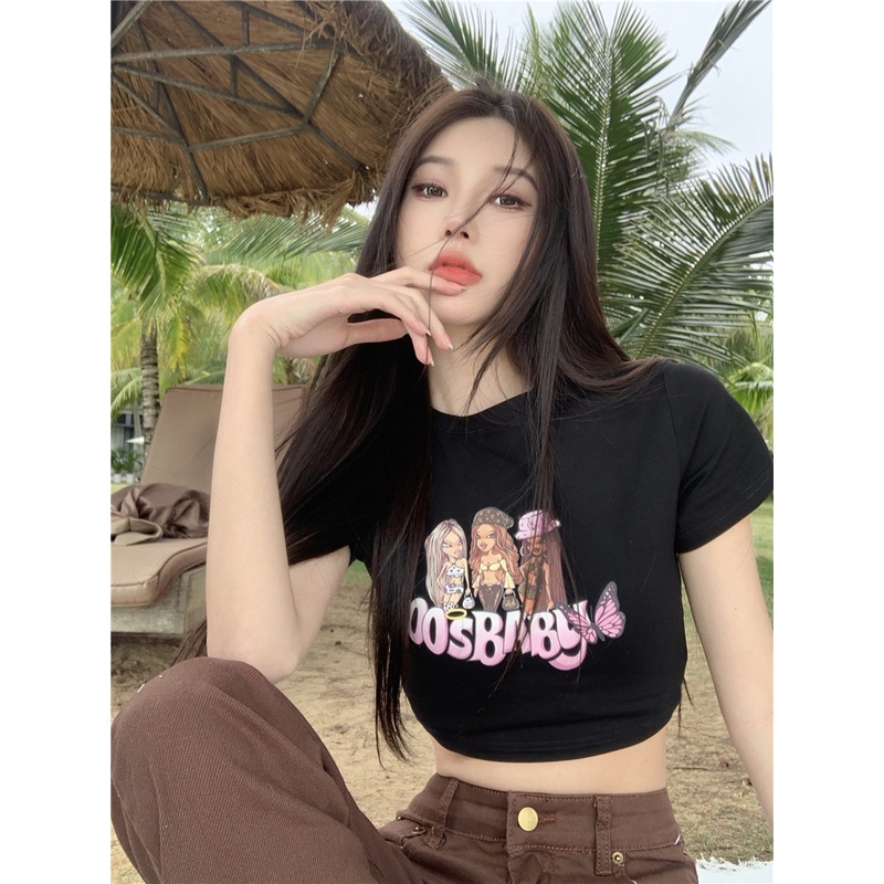 QKOOLE  Áo Thun Nữ Ngắn Tay In Chữ Kiểu Hàn Quốc