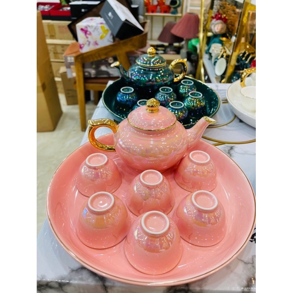 Bộ ấm chén sứ ánh trai viền vàng khay tròn-Bộ trà đẹp