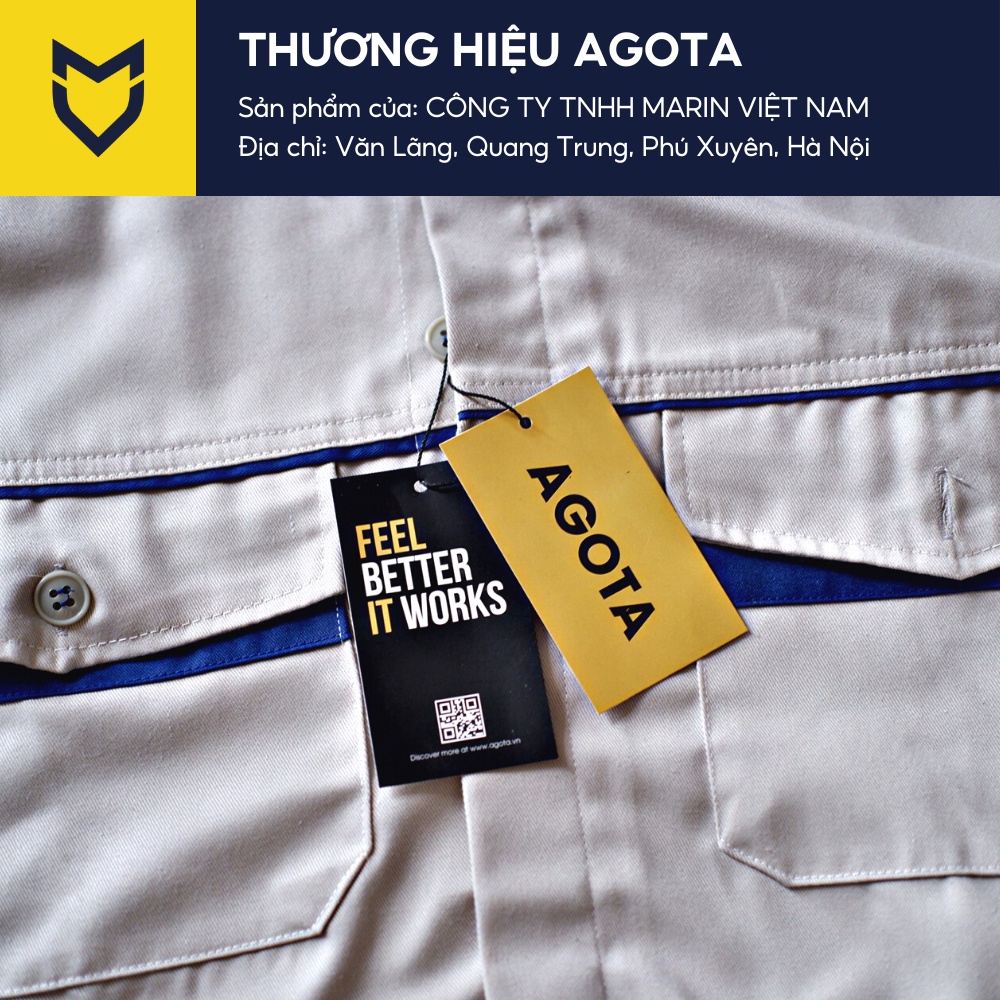 Quần áo bảo hộ lao động thương hiệu AGOTA QA02 vải kaki 3/1 phối màu dày dặn, thoáng mát khi sử dụng