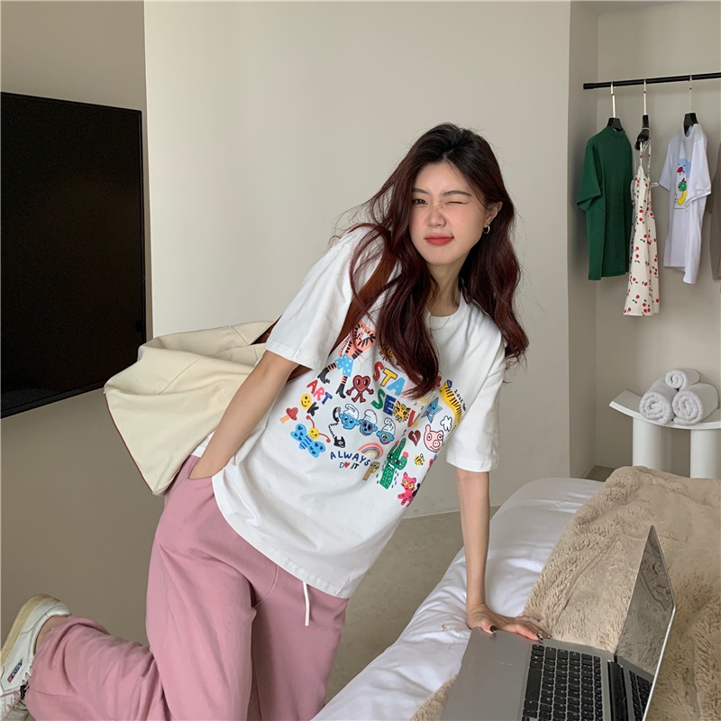 Áo thun SUXI màu trắng tay ngắn cổ tròn in họa tiết hoạt hình đơn giản dễ phối đồ thời trang mùa hè cho nữ