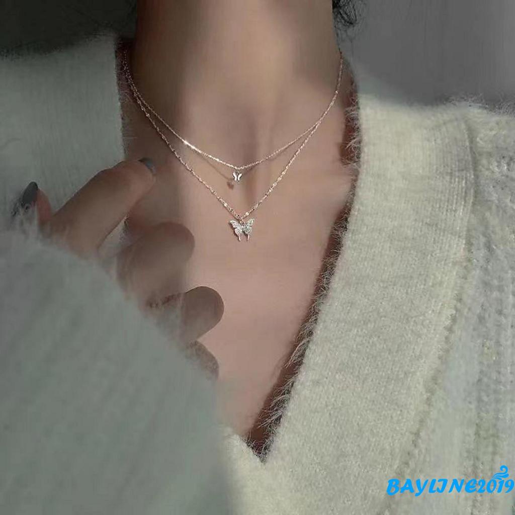 Dây chuyền hai lớp mặt hình bướm đính đá thời trang dành cho nữ