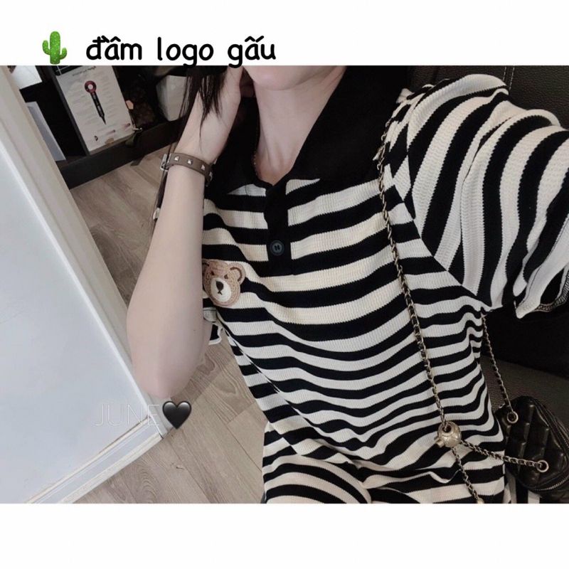 🅰️ Đầm polo nữ sọc đen trắng thêu gấu, chất thun gân, Size: <52kg