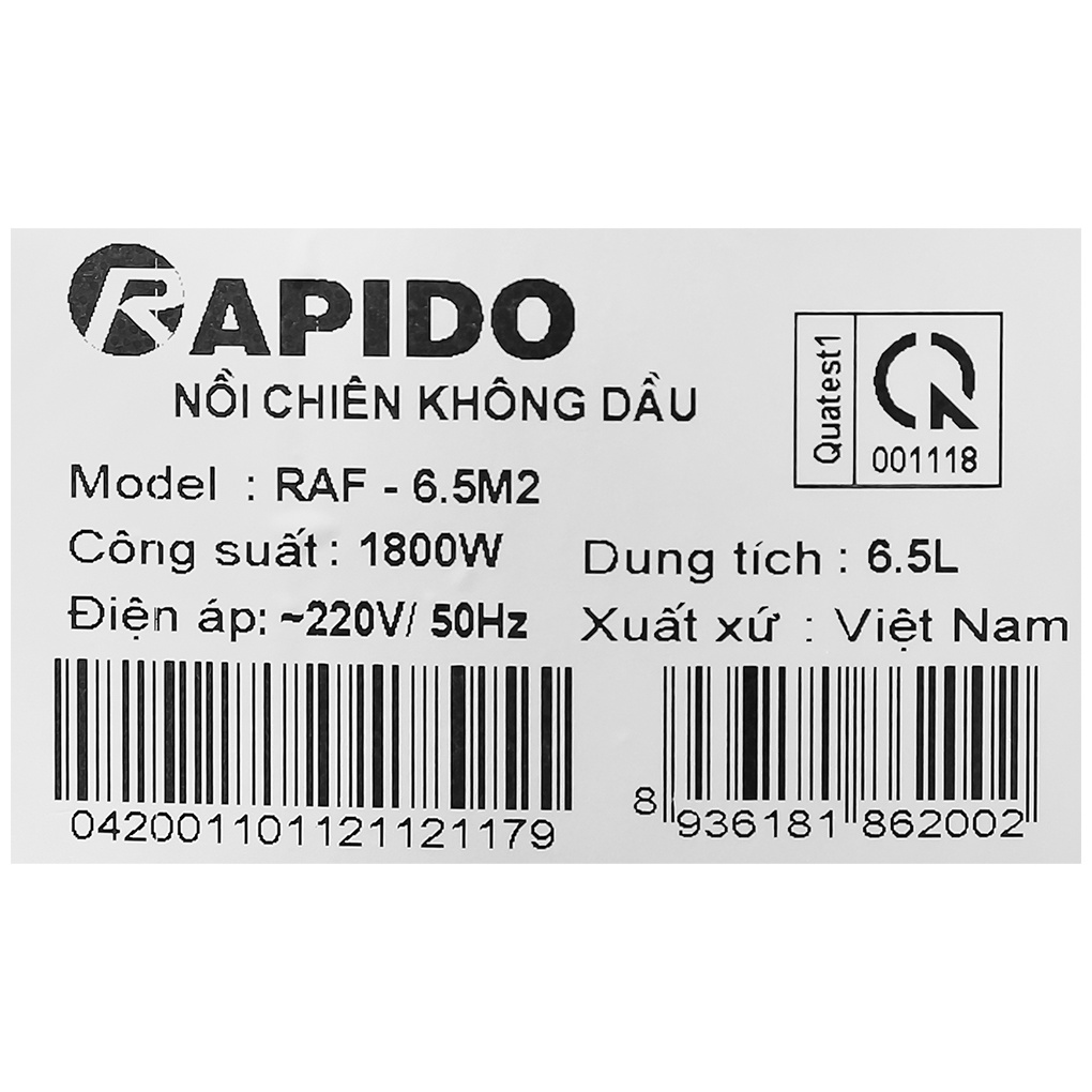 [Mã ELHADEV giảm 4% đơn 300K] Nồi chiên không dầu Rapido RAF6.5M2 6 lít