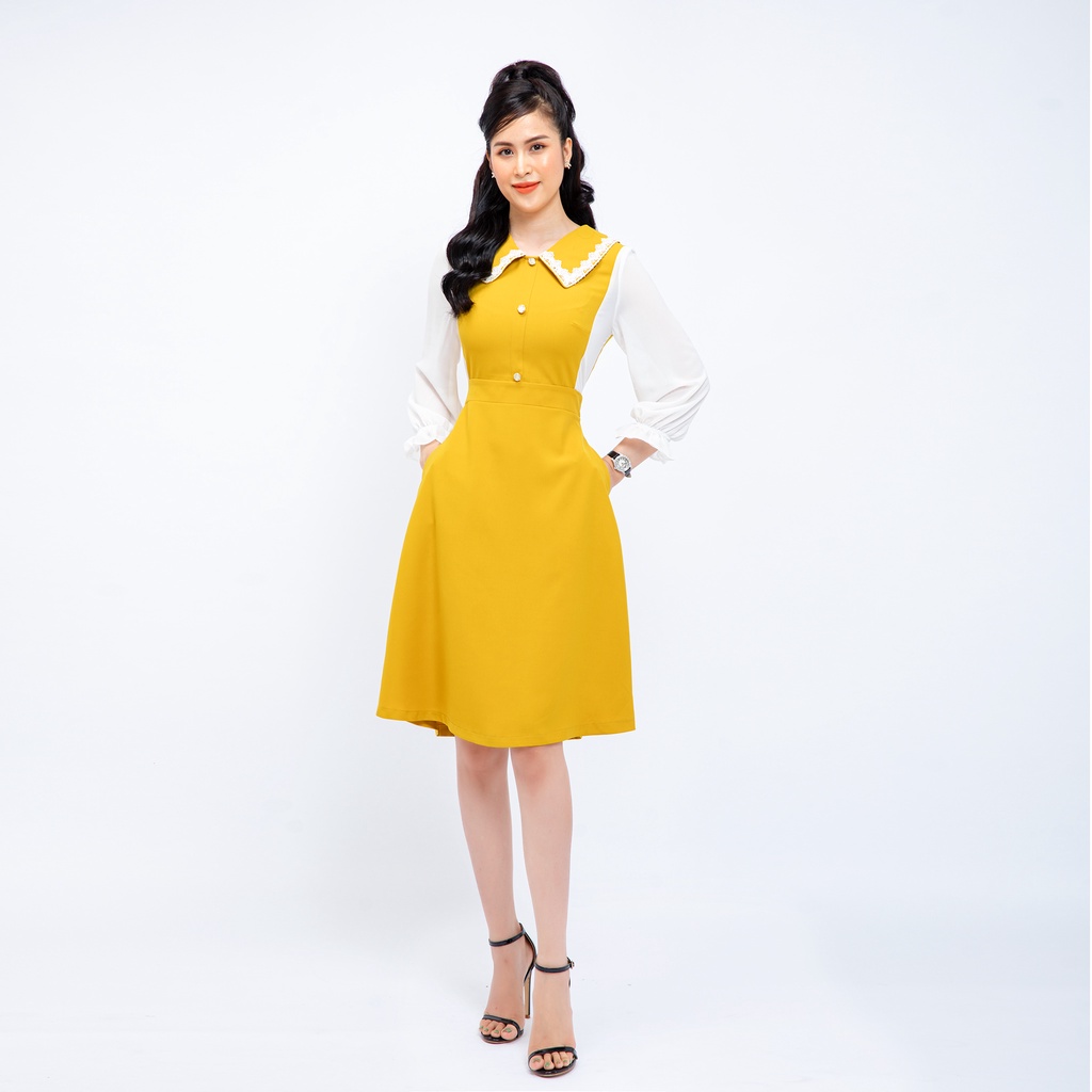 Đầm nữ công sở tay phối voan cổ bèo dự tiệc đính nút trước ngực có túi AMYRA Da144 | BigBuy360 - bigbuy360.vn