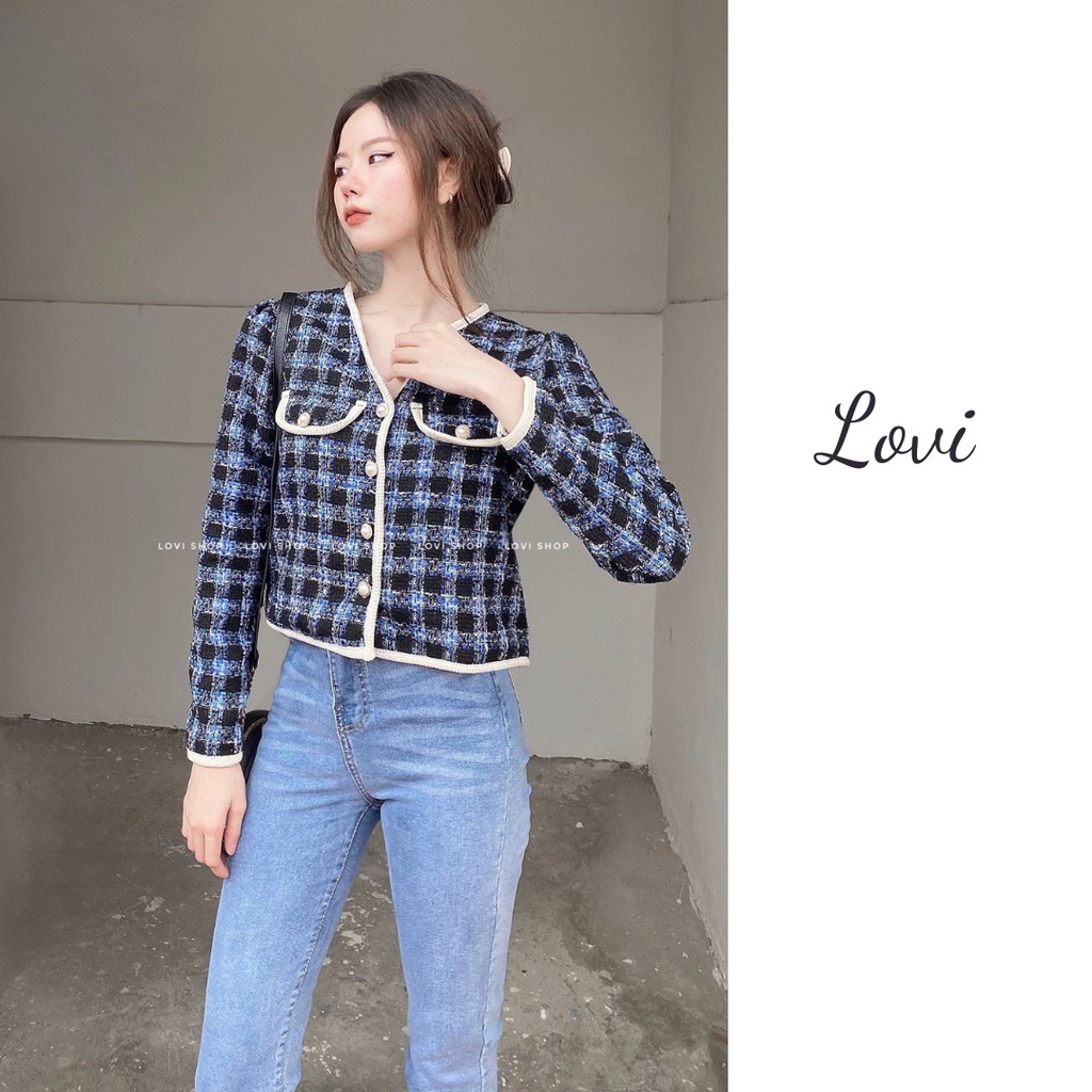 LOVI SHOP - Áo khoác dạ tweed caro tay dài cúc ngọc sang chảnh phong cách Hàn Quốc