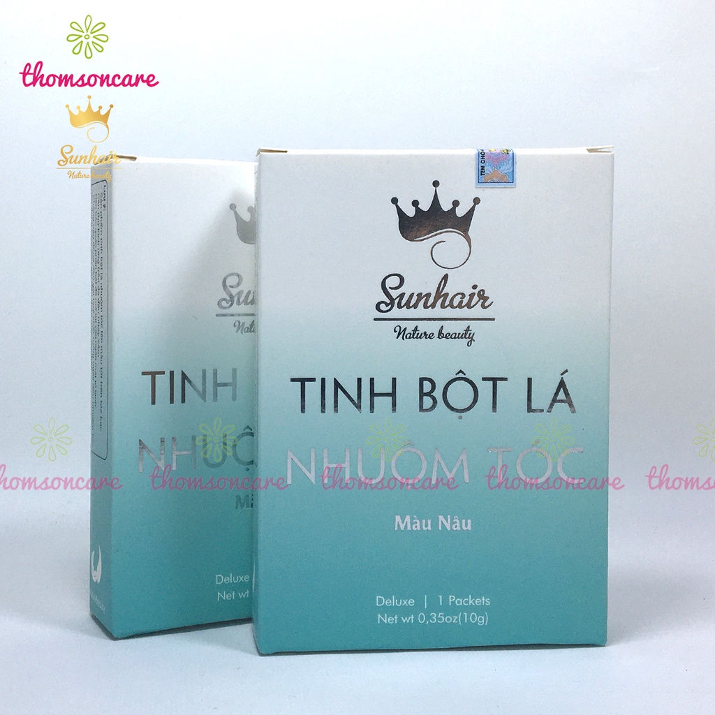 Thuốc nhuộm tóc Sunhair từ tinh bột lá thảo dược, lên màu đen, nâu, phủ bạc tóc trắng, an toàn cho da đầu