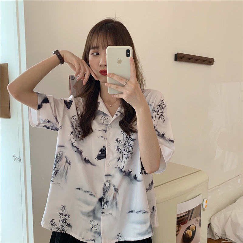 Áo Sơ Mi Tay Ngắn In Họa Tiết retro Thời Trang Cho Nữ