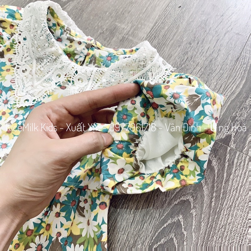 Váy thô cổ ren màu xanh hoa nhí cho bé gái