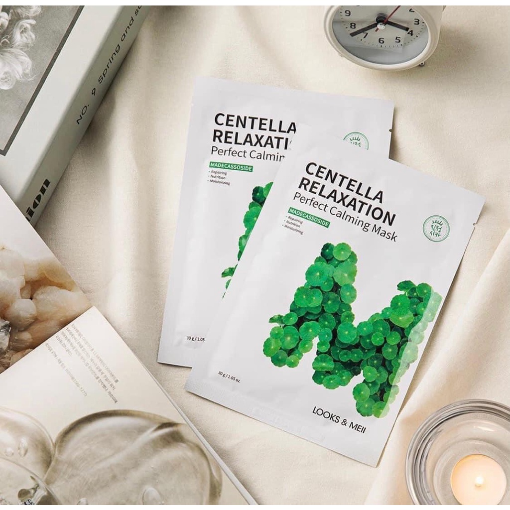 10 Mặt Nạ Tái Sinh Tinh Chất Rau Má Cho Da Dầu Mụn LOOKS &amp; MEII Centella Relaxation Perfect Calming Mask 30g