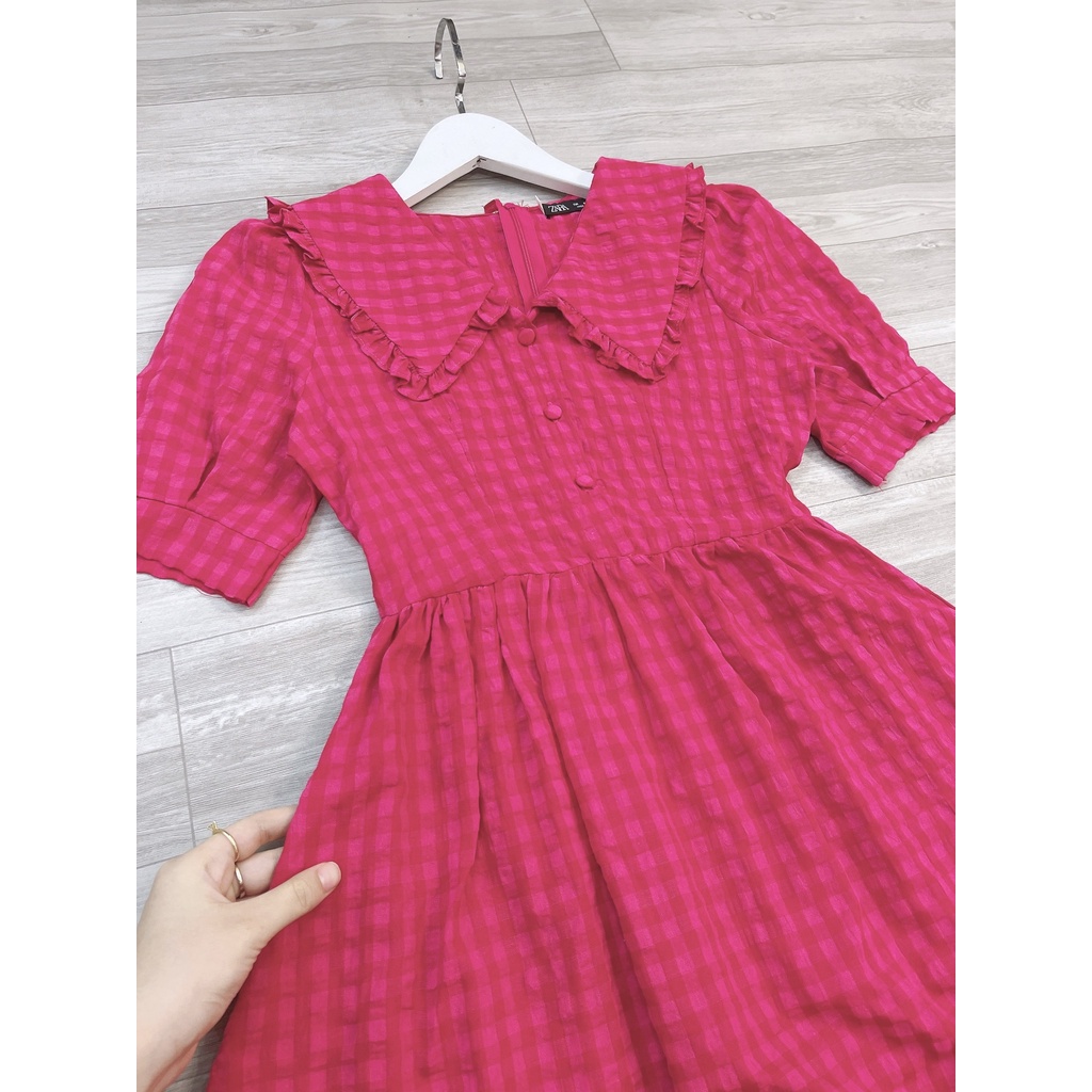 Váy kẻ cổ bèo cúc bọc,đầm dáng dễ mặc,cổ bèo xinh xinh đáng yêu, trẻ trung,chất thô mềm