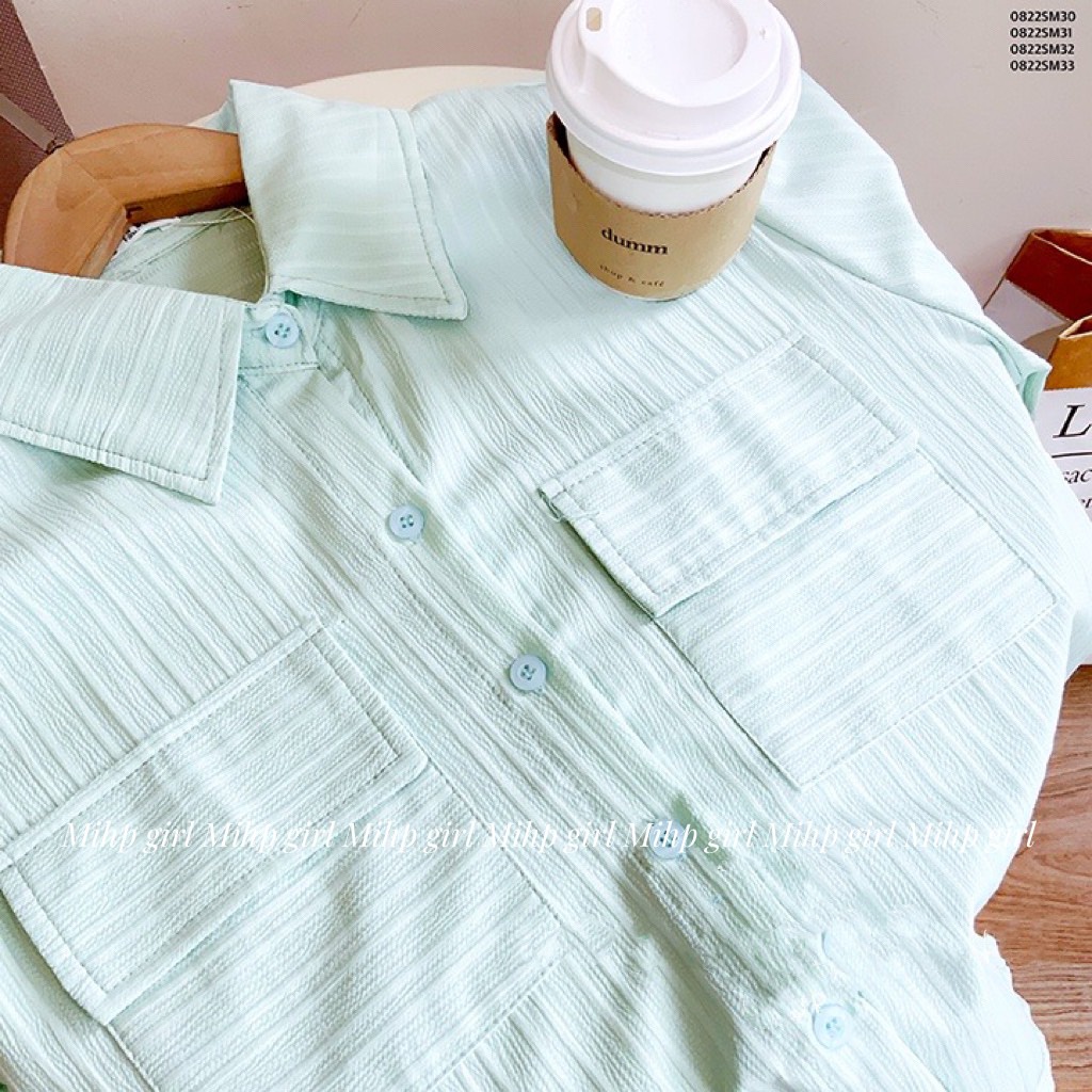 Áo sơ mi croptop 2 túi oversize vải xốp gân