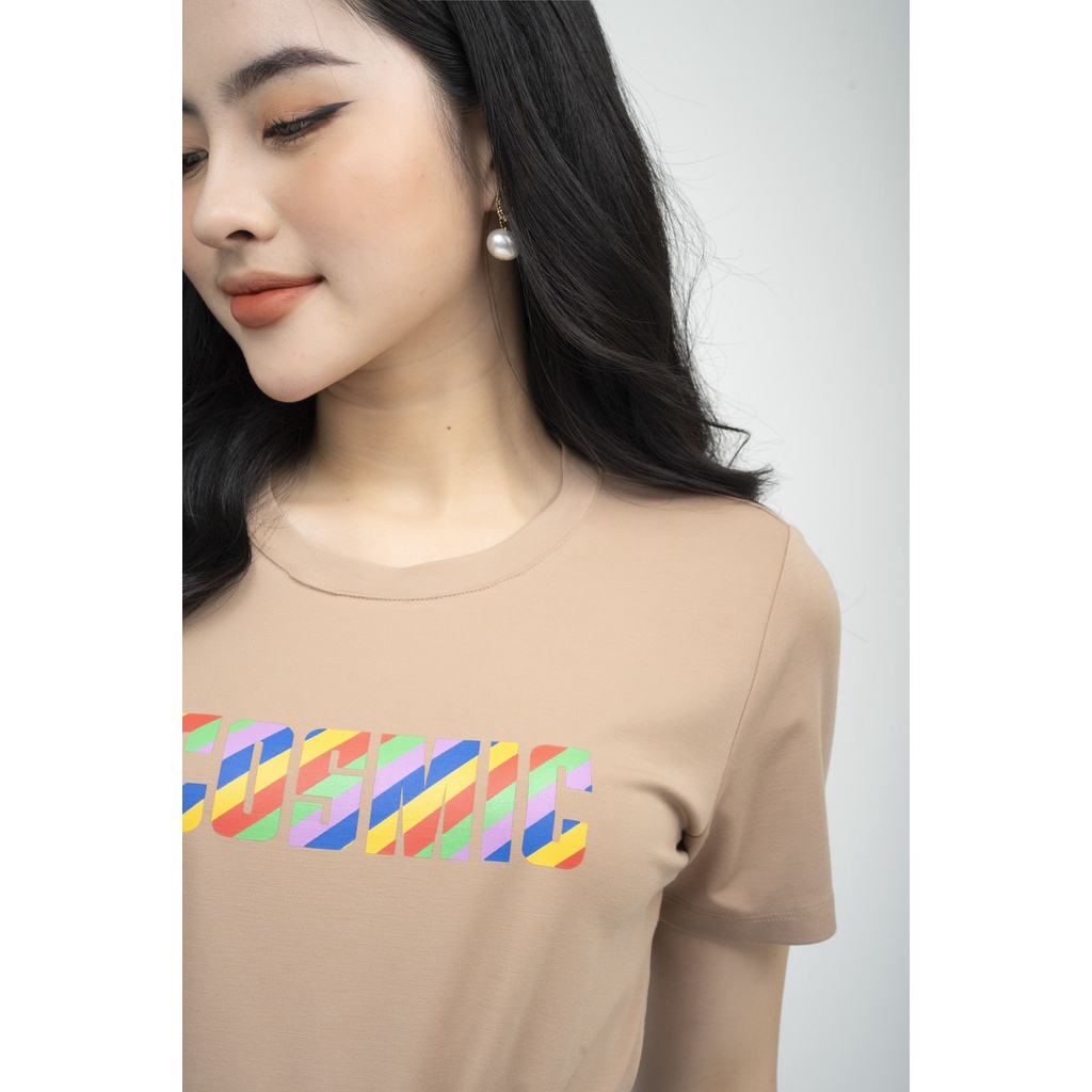 Áo cotton nữ dáng suông ngắn tay in chữ Fiona F522158