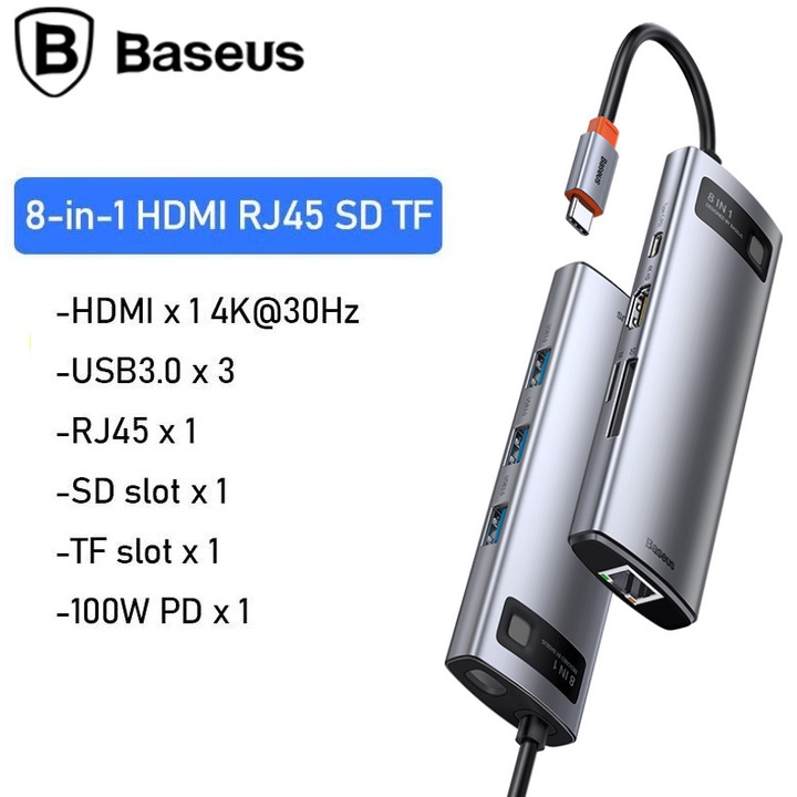 Hub chuyển đổi Baseus CAHUB-CV0G 8 trong 1 Tốc độ truyền dữ liệu 5Gbps