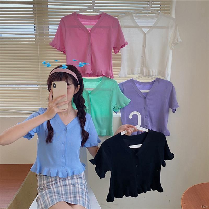 Áo ngắn tay dệt kim cổ chữ V có nếp gấp lộ rốn cho nữ