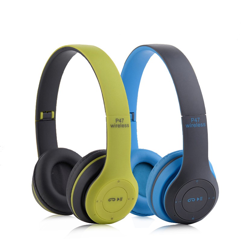 Tai nghe bluetooth P47 có khe cắm thẻ nhớ 2 màu xanh lá- xanh dương