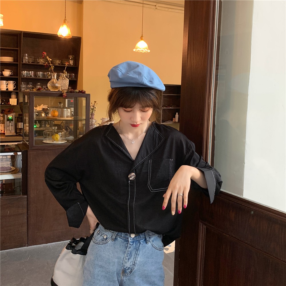 Áo sơ mi tay dài dáng rộng cổ chữ V thời trang phong cách Hàn Quốc cho nữ