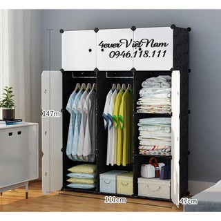Tủ nhựa ghép đa năng 12 ô sâu 47,màu đen,cửa trắng 2 treo - bảo hành 1 năm