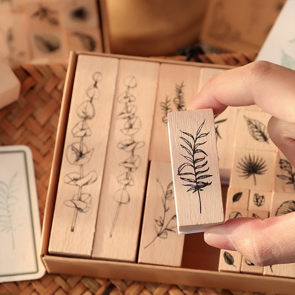 Set 22 Con Dấu Bằng Gỗ Họa Tiết Hoa Lá Trang Trí Thủ Công DIY