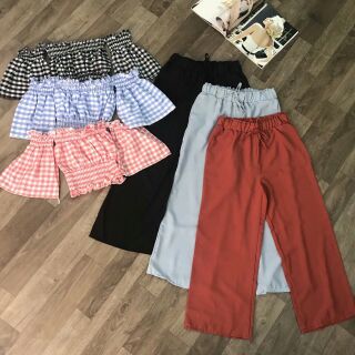 Set áo croptop caro bẹt vai quần suông ống rộng