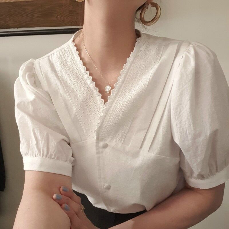 Áo Sơ Mi Nữ Cổ Chữ V Tay Ngắn Phối Ren Thời Trang 43052