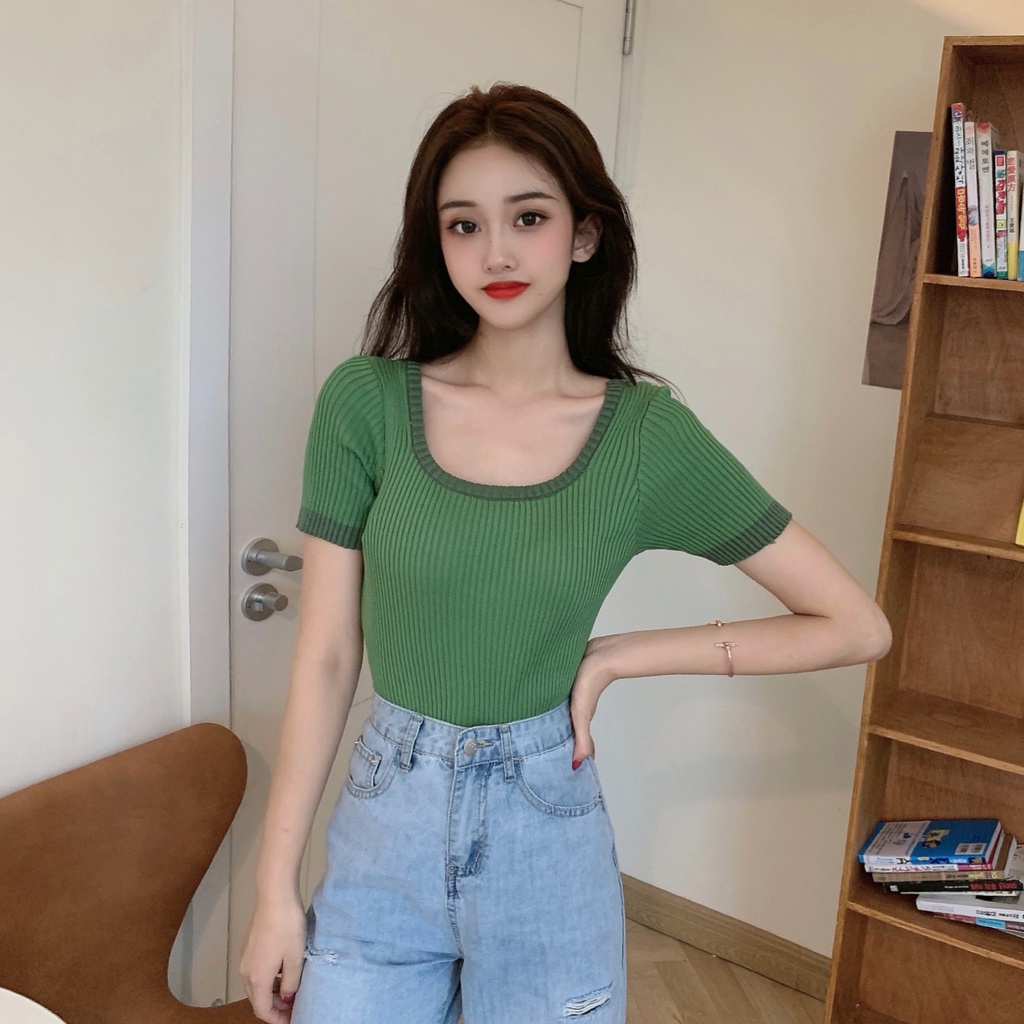 Porozi  Áo thun crop top  tay ngắn cổ vuông eo cao 4 màu lựa chọn phong cách Hàn Quốc cho nữ