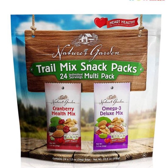 Hạt Tổng Hợp &amp; trái cây sấy hữu cơ Nature's Garden Trail Mix Snack Packs 24 túi ( 816g )