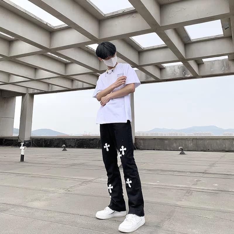 Quần chrome heart ống loe hiphop nam - nữ unisex chất jeans